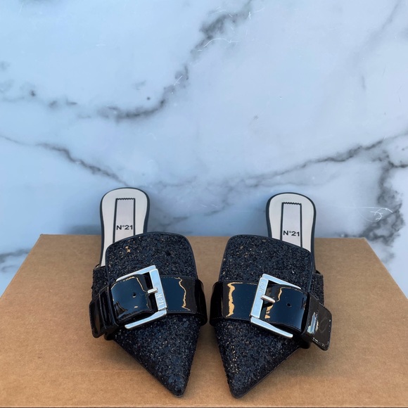 No. 21 women’s black glitter pointed buckle mules slides sandal size 35 US 5 - Picture 4 of 15